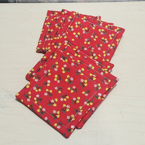Fabric Coasters Mug Rugs Set of 6 Cotton Red Floral - Picture 6 of 8